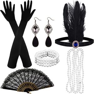 ASTARON 20er Jahre Accessoires Damen, 1920s Accessoires Set für Damen, einschließlich kopfschmuck, Lange Handschuhe, Künstliche Perlenkette und Armband, Ohrringe