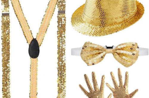 Anyingkai 4 Set Glitzer Accessoires Herren,Glitzer Outfit Herren,Pailletten Zylinder Hut Hosenträger,Pailletten Hosenträger Set,Glitzer Fliege und Hosenträger Herren,Gold Pailletten Kostüm