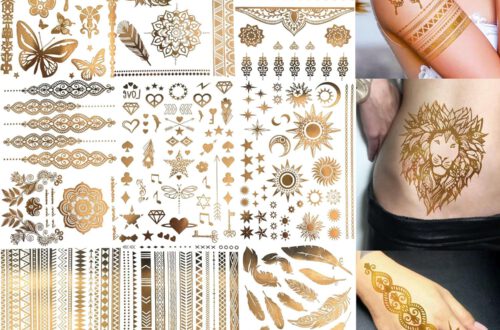 Bilizar 9 Blatt 110+ Gold Temporäre Tattoos Aufkleben Damen Flash Glitzer Goldene, Metallic Festival Accessoires Party Zubehör Frauen Mädchen Haut Klebetattoos Erwachsene Halloween