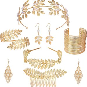 Comius Sharp 7 Stück Griechische Göttin Modeschmuck Set für Frauen, Römische Lorbeerblätter Krone Tiara Haarkamm Manschette Oberarm Armbänder Swirl Ohrringe Gold Hochzeit Braut Toga Party