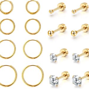 Dochais 8 Paar Ohrring Set, 316L Chirurgenstahl Ohrringe, 14K Gold plattiert Cubic Zirkonia Runde Ohrstecker, Hypoallergene Knorpel Huggie Hoop Ohrringe, Mehrfach-Piercing