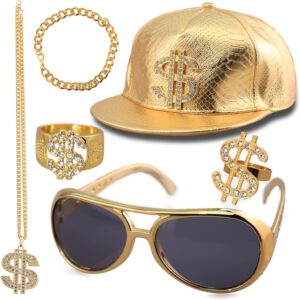 Hip Hop Kostüm Set, 80s 90s Hip Hop Rapper Accessories, Dollar Kette, 1 Stück Halskette, 2 Stück Ringe, 1 Stück Armbänder, 1 Paar von Sonnenbrille mit 1 Stück Hut für Fasching oder Parteien