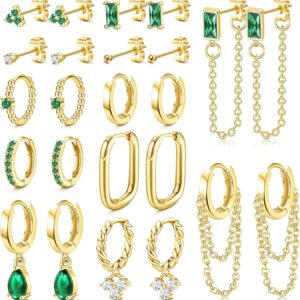 LOLIAS 12 Paar Grüne Ohrringe Set für Mehrere Ohrlöcher Edelstahl Vergoldete Ohrringe Set Kette Gold Ohrringe Creolen Grüne Kleine Zirkon Ohrstecker Smaragd Ohrringe Grün Damen