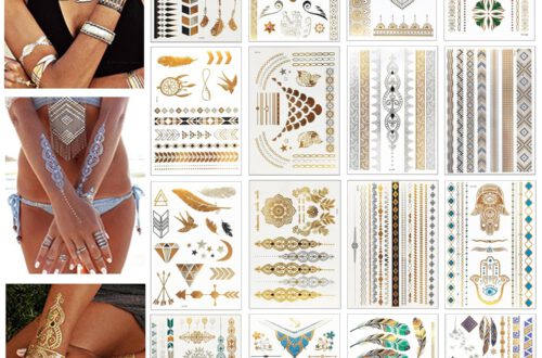 LUZOON Festival Tattoos Gold Tattoo 16 Blätter 140+ Tattoos Festival Gadget Tattoos Golden Metallic Flash Tattoos Wasserdichte Temporäre für fasching und Party Accessoire