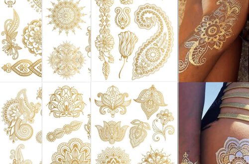 Sugeru Neue 6 große Blatt Gold Metallic Temporäre Tattoos(48+Designs) festival zubehör | festival accessoires | festival glitzer gesicht | henna tattoo | Flash Tattoos Aufkleben Damen…